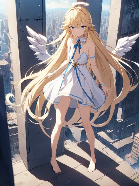 zaora, blue eyes, (variegated eyes:0.5), blonde, very long hair, twin blade, bangs, ahoge, hello, angel, flat chest, white dress...