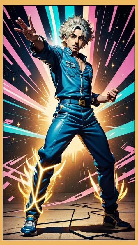 manga jojo style、manga style illustration、albert einstein、activate the stand ability and stand body、famous poses、full body、