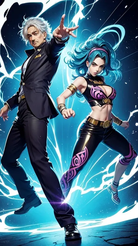 Manga Jojo style、Manga style illustration、Albert Einstein、Activate the Stand ability and Stand body、Famous poses、Full Body、