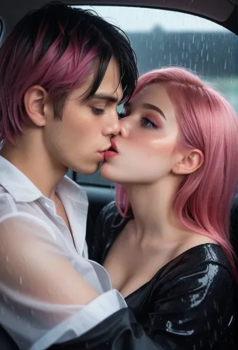 beautiful detailed eyes, beautiful detailed lips, extremely detailed eyes and face, long eyelashes, 1 boy, 1 girl, pink hair, white pleated shirt, cracked button on the chest, upskirt, black hair, black catsuit, black pants, boys and girls kissing in the c...