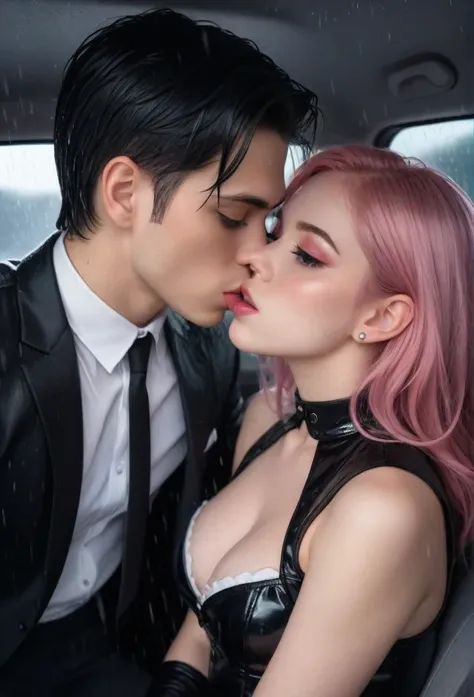 beautiful detailed eyes, beautiful detailed lips, extremely detailed eyes and face, long eyelashes, 1 boy, 1 girl, pink hair, white pleated shirt, cracked button on the chest, upskirt, black hair, black catsuit, black pants, boys and girls kissing in the c...