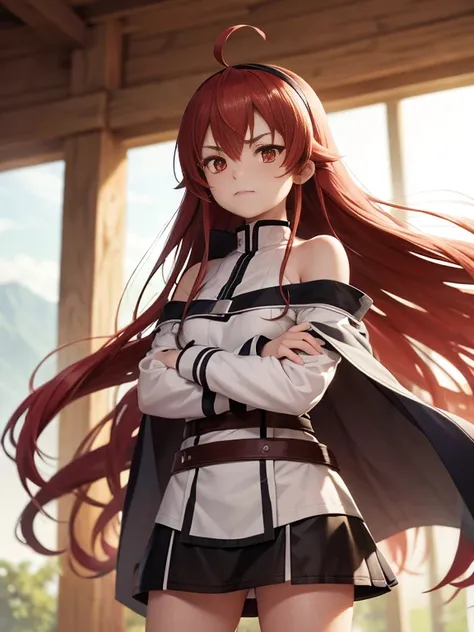 eris greyrat, 1girl, ahoge, bangs, bare shoulders, black hairband, brown skirt, closed mouth, clothing cutout, crossed arms, hair between eyes, hairband, long hair, long sleeves, looking at viewer, red eyes, red hair, shoulder cutout, simple background, sk...