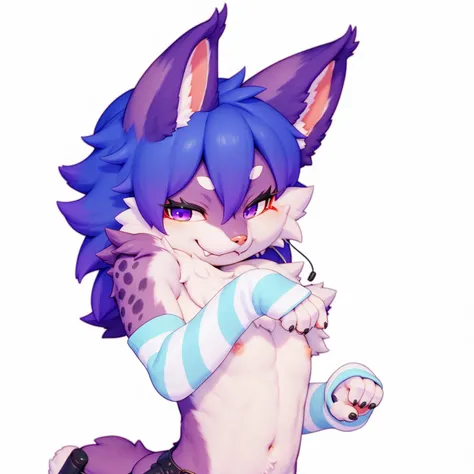 score_9,score_8_up,score_7_up, Lynx, (purple fur), purple eyes, anthro, ((medium hair)), wavy hair, purple hair, eyeliner, eyelashes, black eyeshadow, furry art, cheeks tuft, shoulder tuft, male focus, femboy, one fang, kemono, shota, fluffy neck, icon por...