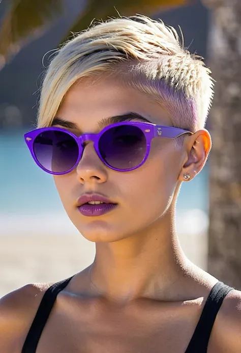 naked fully tanned 14 years old naked girl, short blonde pixie cut hair, shaved hair on right side of head, wearing purple sunglasses, big frown on face, pouty lips, small bust, riche, sunny, collier