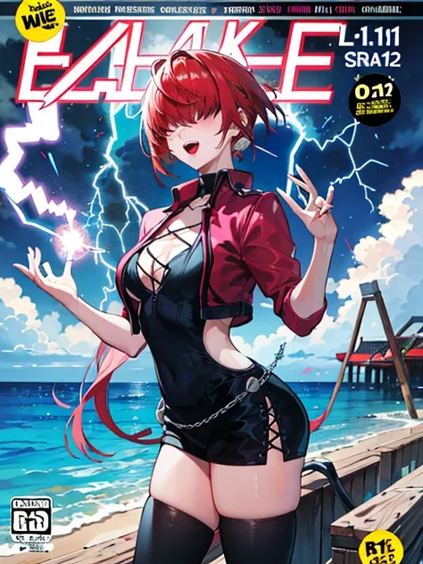 comic cover, no letters，Comic cover style，masterpiece， best quality， A high resolution， she1， （Hair over eyes：1.1）， The palm of the hand generates lightning，Surrounded by thunder，Ocean park，Sex slips, hands up