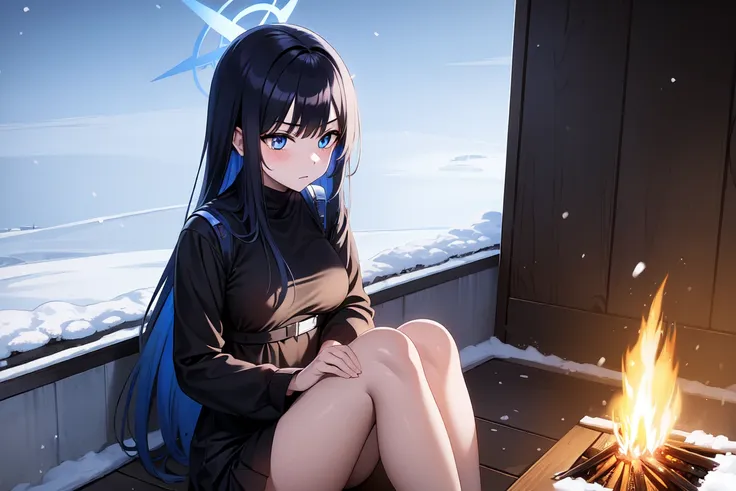 1girl,solo, saorijoumae, saori joumae, blue eyes, blue hair, halo, long hair, black clothes red parts, tall, teenager, sitting o...