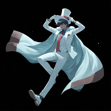 solo, Outer Space/Outerverse background, black hair, shirt, gloves, 1boy, hat, holding, full body, weapon, male focus, necktie, shoes, pants, white gloves, cape, holding weapon, arm up, gun, white headwear, formal, white footwear, suit, red necktie, black ...