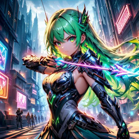 an anime girl with flowing emerald green hair，she&#39;s dressed in sleek black mech gear，in the background of the futuristic cyb...