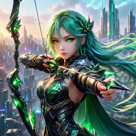 An anime girl with flowing emerald green hair，She&#39;s dressed in sleek black mech gear，In the background of the futuristic cyberpunk city。She was armed with a bow and arrow，A determined expression，Surrounded by neon lights、Cityscape with vivid colors and...