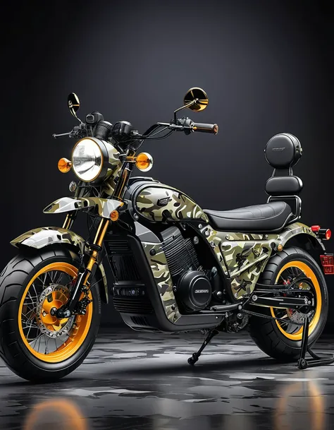 An electric motorcycle with camouflage pattern and retro colors，High-quality artworks created by master artists， best quality, Detailed Details，Black mineral background，Create a professional atmosphere，Professional display，