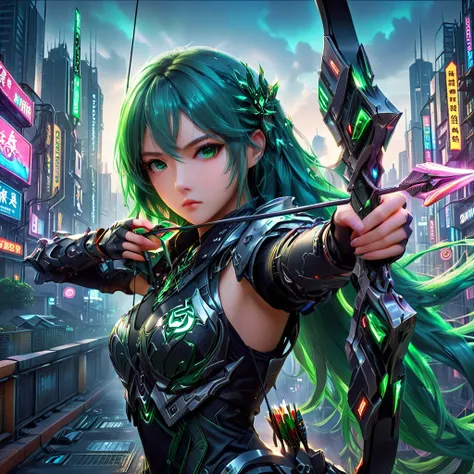 an anime girl with flowing emerald green hair，she&#39;s dressed in sleek black mech gear，in the background of the futuristic cyb...