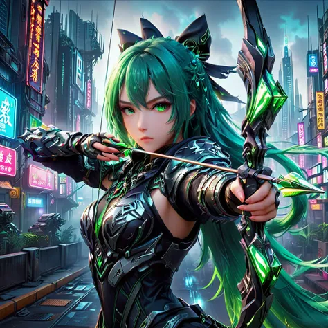 an anime girl with flowing emerald green hair，she&#39;s dressed in sleek black mech gear，in the background of the futuristic cyb...