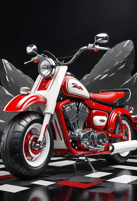 Cartoon style motorcycle booster.  Red and white color matching creates a professional atmosphere..High-quality artworks created by master artists， best quality, Detailed Details，Black mineral background，Create a professional atmosphere，Professional displa...