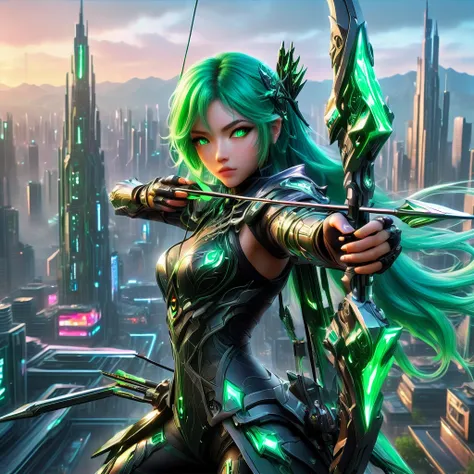 an anime girl with flowing emerald green hair，she&#39;s dressed in sleek black mech gear，in the background of the futuristic cyb...