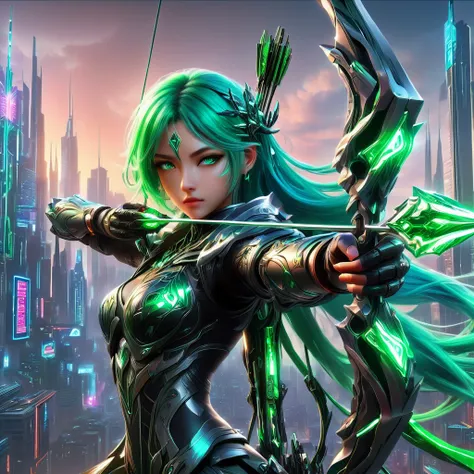 an anime girl with flowing emerald green hair，she&#39;s dressed in sleek black mech gear，in the background of the futuristic cyb...