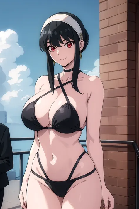 yorbriar, yor briar, black hair, (red eyes:1.5), earrings, white hairband, hairband, smile ,short hair with long locks
BREAK black bikini , big breasts, wide hips , milf body ,((( crowded public , everyone looking))) , embarassed 
BREAK outdoors, city, sky...