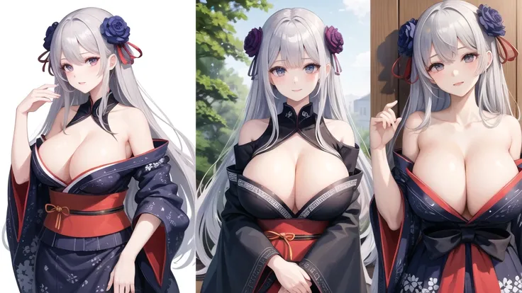 (((masterpiece, best quality))), (((superior quality))), cute girl, ((extremely detailed girl)), ((huge breasts)), yukata, bare shoulders, strapless top, long silver hair, happy