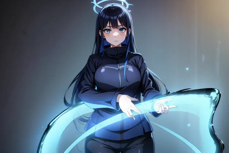 1girl,solo, saorijoumae, saori joumae, blue eyes, blue hair, halo, long hair, black jacket with high neck, black pants, cursed energy, japanese school