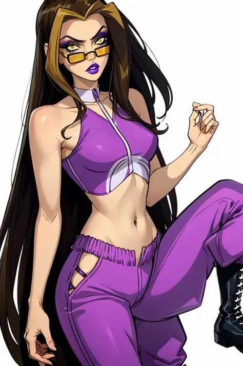 (darcy), yellow eyes, brown hair with blonde strips, very long hair, (casualoutfit), (purple eyeshadow, purple lips, halter crop...