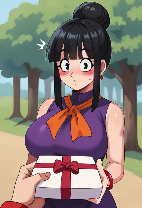 source_anime, score_9, score_8_up, score_7_up,8k, absurd res, chi-chi, 1girl, solo, looking at viewer, bangs, tree, black hair, ...