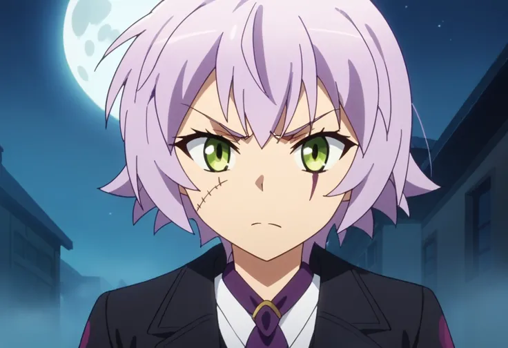 score_9, score_8_up, score_7_up, source_anime, anime screencap,
 JackTheRipperFA,
1girl, closed mouth, angry,
lavender hair, short hair, scar,
, black jacket, open jacket, white shirt, purple necktie, pleated skirt, black skirt,
looking at the viewer,
outd...