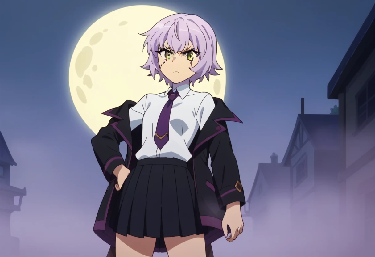 score_9, score_8_up, score_7_up, source_anime, anime screencap,
 JackTheRipperFA,
1girl, closed mouth, angry,
lavender hair, short hair, scar,
, black jacket, open jacket, white shirt, purple necktie, pleated skirt, black skirt,
looking at the viewer,
outd...