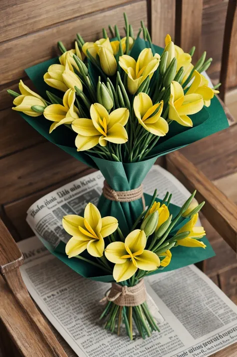 Bouquet of freesia flowers wrapped in vintage style newspaper 