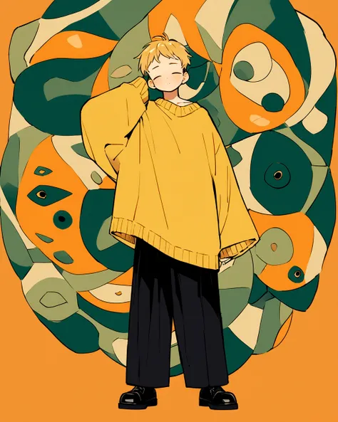 Create an illustration of a solo boys character standing in a relaxed pose against a solid orange background. The character should wear oversized clothes: a yellow sweater paired with black pants. They should have black shoes, and their expression should c...