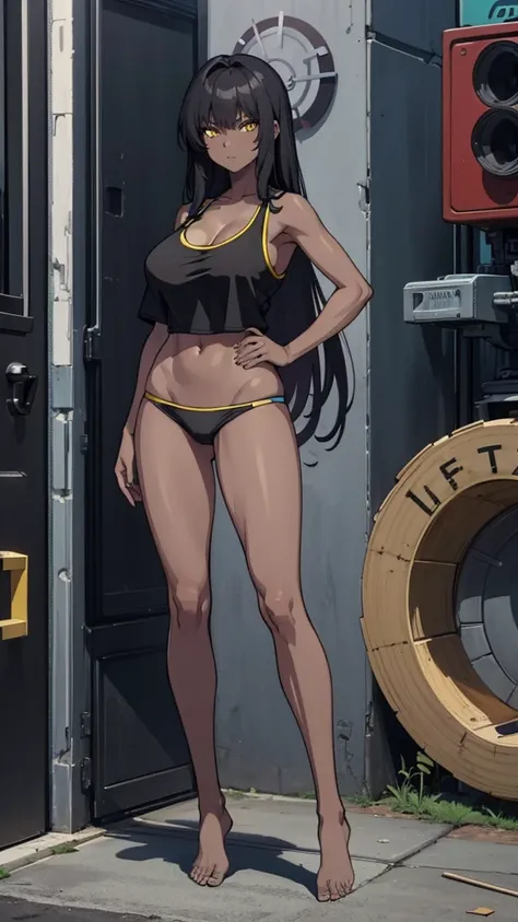 Masterpiece, best quality, Masterpiece, best quality, 1 woman , Karin , black skin , yellow eyes , long black hair , sly face , black tank top , black bikini , abdomen, big breasts , Long legs , hands on hips , stand perfectly ,Barefoot abandoned factory 