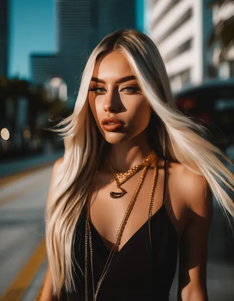 (best quality,4k,highres, highres face details), blonde long straight hair, 18 years old, instagram model, 36DD fake breast, fake lashes, fake lips, dark makeup, perfect skin, tan skin, she is skinny, she is caucasian, she is wearing a black dress, high he...