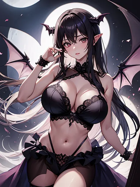 Succubus with huge breasts in a lace bra in the darkness of a castle