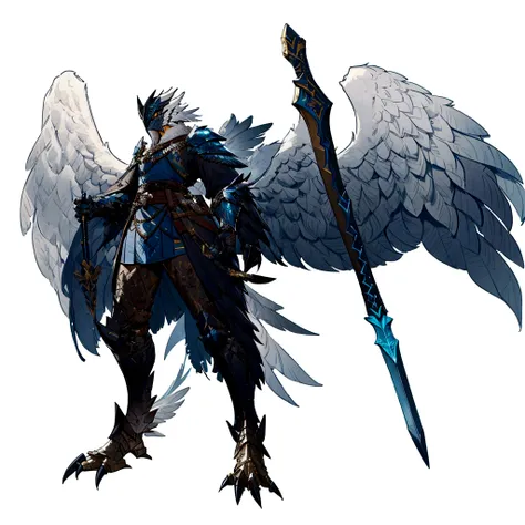 a close up of a bird person holding a sword, black aarakocra eagle warlord, from pathfinder, gryphon, with large wings, armor angle with wing, as a badass monster hunter, in monster hunter armor, official character art, jrpg character art, anthropomorphic ...