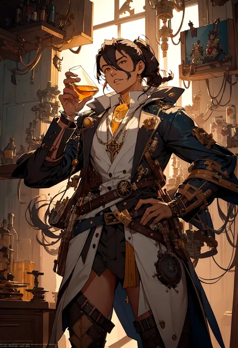 a close up of a person holding a glass in a room, kawacy, jc leyendecker and sachin teng, guilty gear strive splash art, great character design, steampunk concept art, trending on artstation pixiv, by Ryan Yee, from pathfinder, he is in a alchemist lab, in...