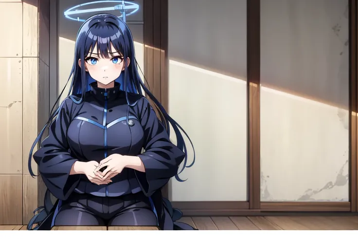 1girl,solo, saorijoumae, saori joumae, blue eyes, blue hair, halo, long hair, black jacket with high neck, black pants, cursed energy, japanese school