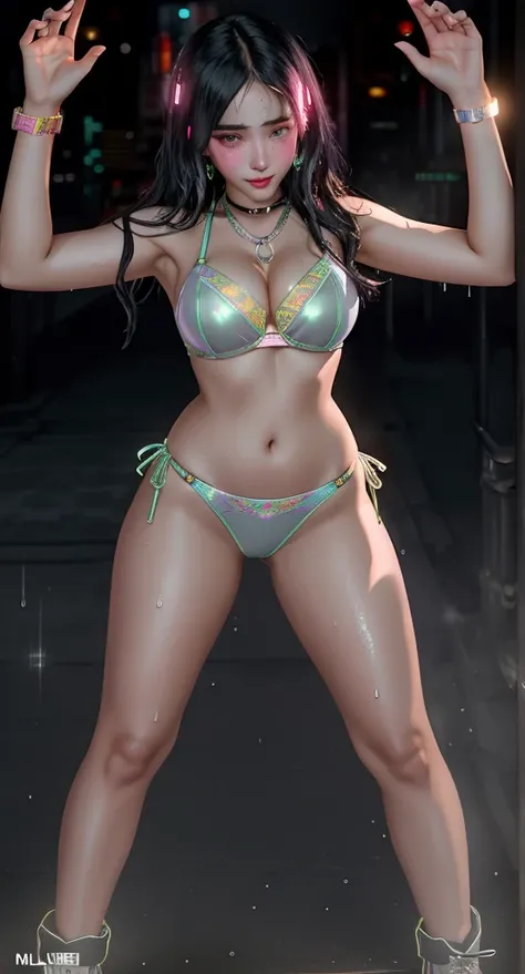 In a world filled with neon lights and pixelated shadows, Cropped shoulders, Bikini, Big thighs, oily skin, a tech-savvy peculiar digital detective stands out. Picture this scene: a digital painting showcasing a young detective with sleek gadgets and a sha...