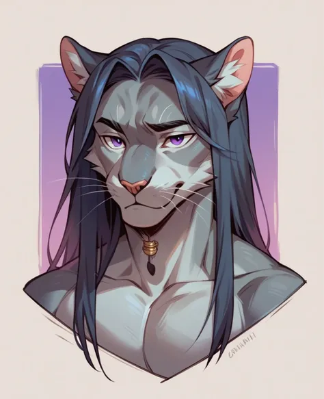 Male, anthropomorphic, cat, oriental longhair, gray fur, purple eyes, twink body, neutral look, bedroom background