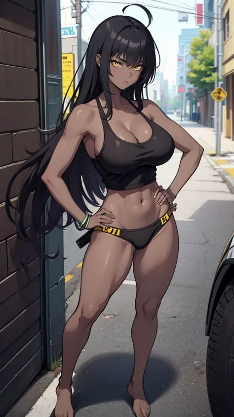 Masterpiece, best quality, Masterpiece, best quality, 1 woman , Karin , black skin , yellow eyes , long black hair , sly face , black tank top , black bikini , abdomen, big breasts , Long legs , Barefoot , hands on hips , alley road