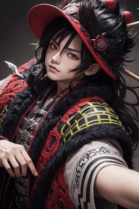 Realistic, Hyper realistic, Hyper detailed, epic, 1 man, Demon Slayer, Muzan (Demon Slayer), Kibutsuji Muzan, Kimetsu no Yaiba, Muzan Kibutsuji: Kimetsu no Yaiba, black hair, hat, Red eyes, coat