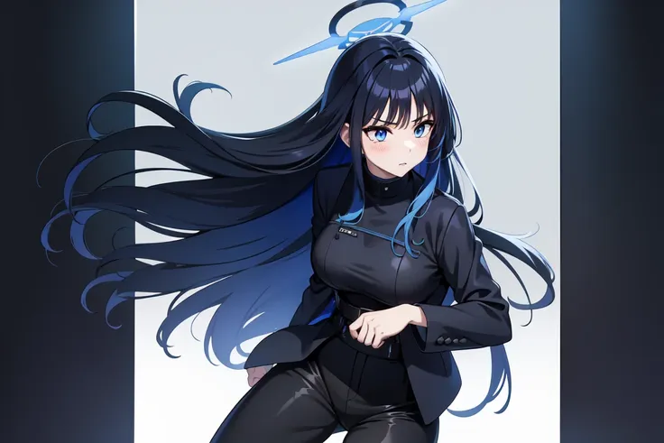 1girl,solo, saorijoumae, saori joumae, blue eyes, blue hair, halo, long hair, black jacket with high neck, black pants, cursed e...