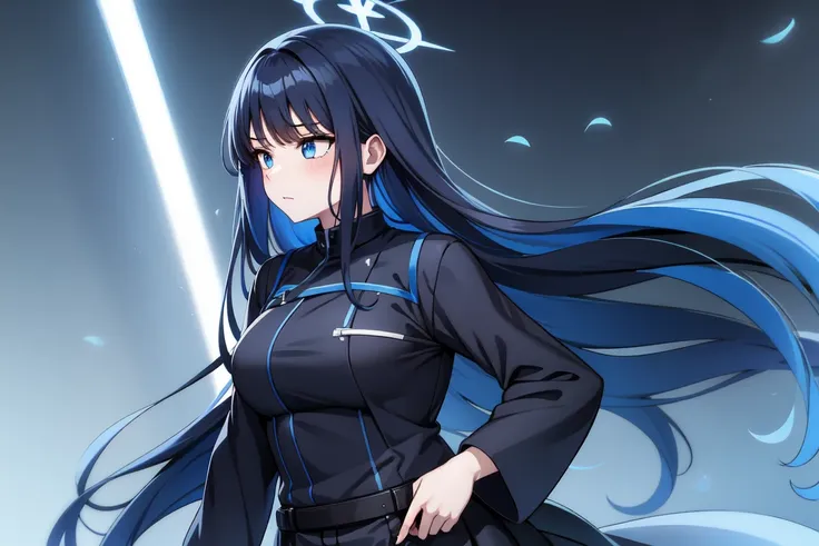 1girl,solo, saorijoumae, saori joumae, blue eyes, blue hair, halo, long hair, black jacket with high neck, black pants, cursed e...