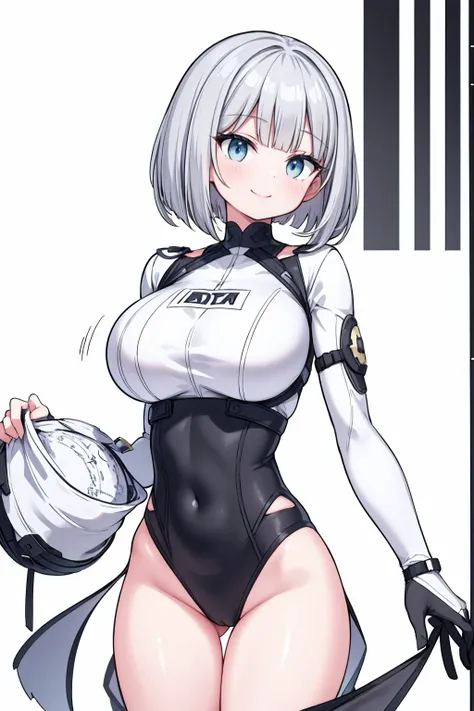 whole body,Standing posture, (Gray Hair,Bobcut,) (Super big breasts,,), (beautifully drawn face:1.2) (Straightjacket) A determined smile,(White background) 