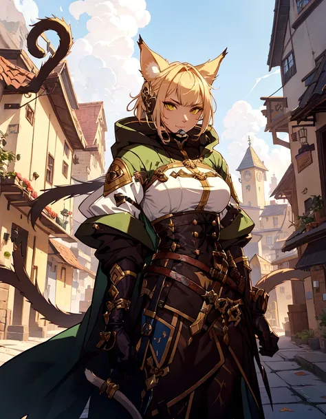 a cat with a scyther and a sword in a street, anthro cat, an anthro cat, roleplaying game art, anthropomorphic female cat, tabaxi monk, tabaxi :: rogue, rpg character art, cattie - brie of mithril hall, tabaxi, rpg book portrait, fantasy character art, by ...