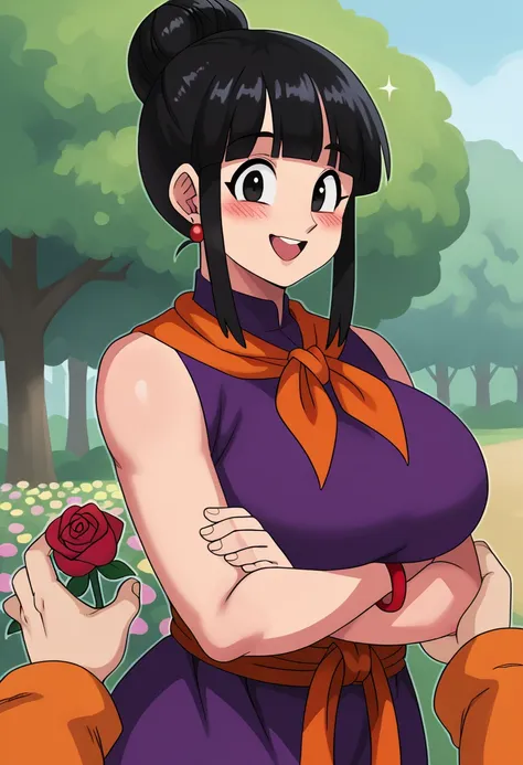 source_anime, score_9, score_8_up, score_7_up,8k, absurd res, chi-chi, 1girl, solo, looking at viewer, bangs, tree, black hair, outdoors,  standing, upper body, sidelocks, earrings, blunt bangs, hair bun, black eyes, red bracelet, crossed arms, single hair...