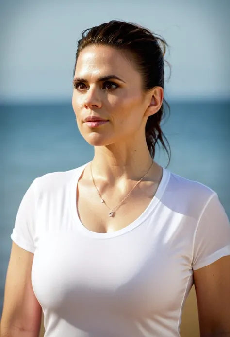  high quality  Erotic shot  (HayleyAtwell555, pale white skin tone , photorealistic, beachside model erotic photograph  ) celebrity erotic photograph , wearing a sexy tight wet tshirt, oily skin  , huge breasts , erotic photoshoot , wet, shiny sweaty skin ...