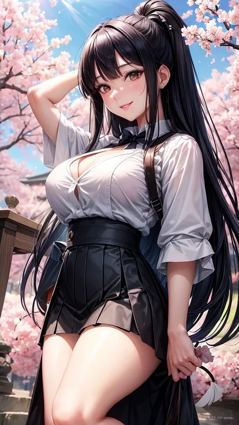 Masterpiece, realistic face, Hinata hyuga, posing, white eyes, big breasts, 4khd, black skirt, beautiful smile half moon eyes, A white blouse, with a background of sakura trees with sun lighting on their back,