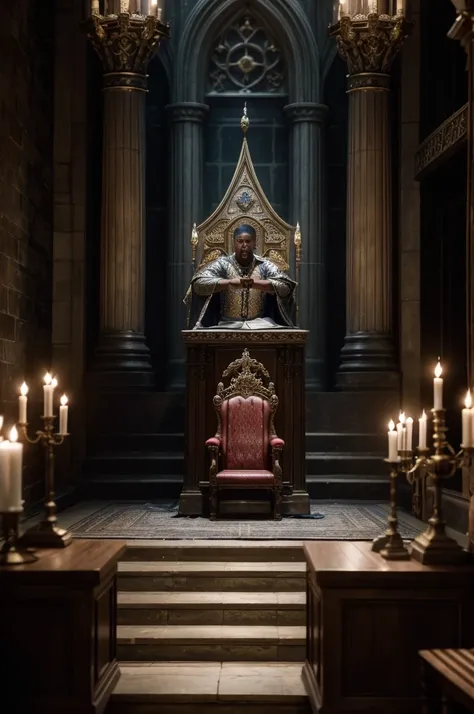 the scene is a medieval throne hall, where sitting at the throne are a medieval knight that looks like idris elba. there is a crowd arround watching a bard performing a song for the medieval knight. this bard looks like eminem. a bard is performing to the ...