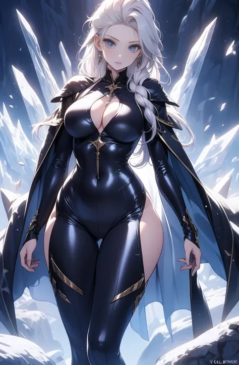 female, solo, young, sexy body, voluptuous figure, tightsuit, white hair, decolored blonde hair, ice effects around, ice queen, beautifull face, long hair, defined body, yellow and bright eyes, thick legs, strong legs, tall, Voluptuous legs, huge ass, big ...