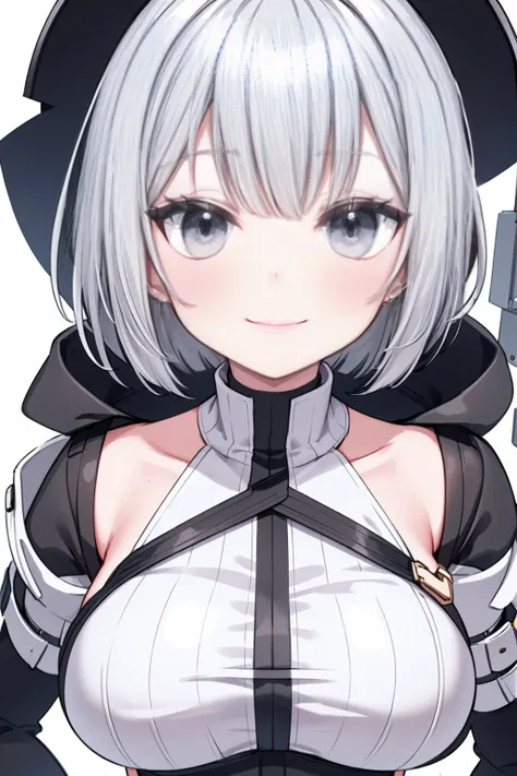 whole body,Standing posture, (Gray Hair,Bobcut,) (Super big breasts,,), (beautifully drawn face:1.2) (Straightjacket) A determined smile,(White background) 