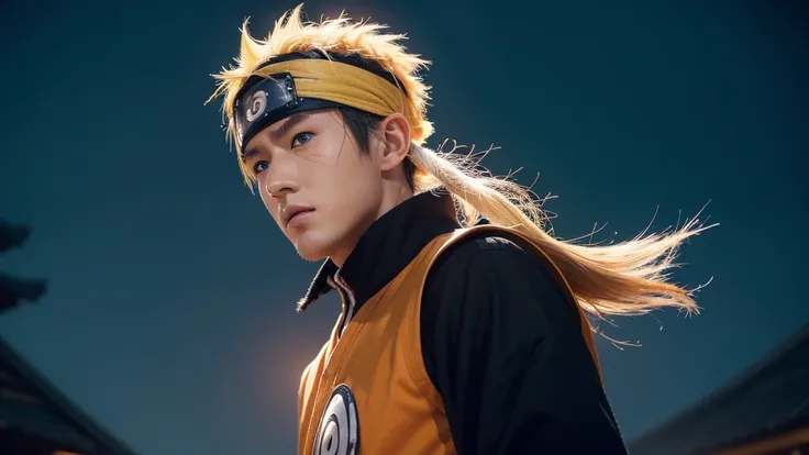 "Create a highly detailed and realistic image of Naruto Uzumaki from the anime series Naruto. He should be depicted as a real human, maintaining his signature spiky blond hair, blue eyes, and whisker-like marks on his cheeks. Naruto should be wearing his i...