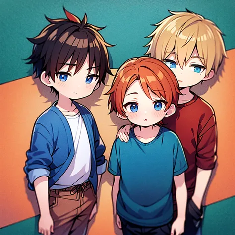 (masterpiece, best quality),  intricate details, 1boys,brown hair, red left eye right blue eyes,  light orange hair, drak red ha...